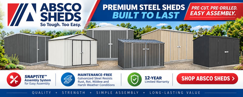 Absco sheds features and benefits. Premium steel, snaptite fast assembly, 12 year warranty and free shipping.